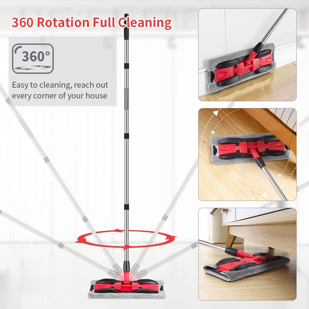 Microfiber Floor Mop 360 Rotating Dust Wet Mop For Hardwood Cleaning With Adjustable Handle, 4 Reusable Washable Mop Pads And 1 Scraper