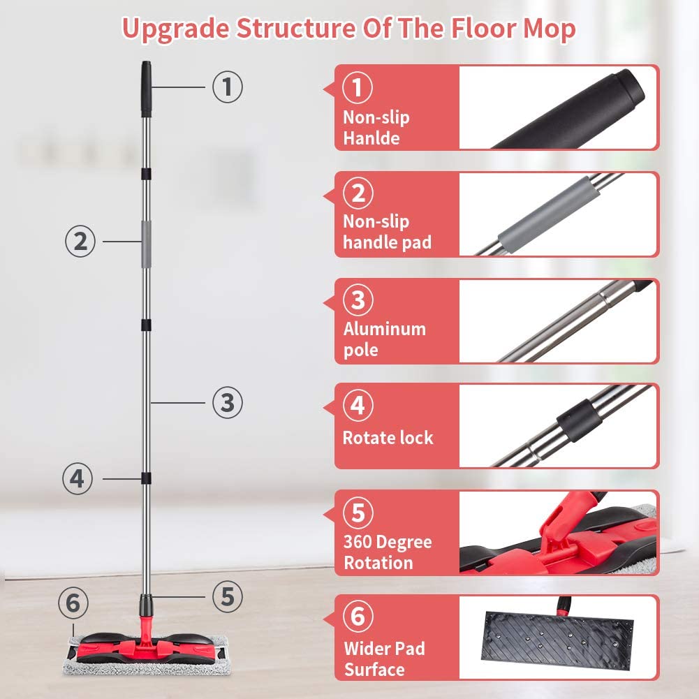 Microfiber Floor Mop 360 Rotating Dust Wet Mop For Hardwood Cleaning With Adjustable Handle, 4 Reusable Washable Mop Pads And 1 Scraper